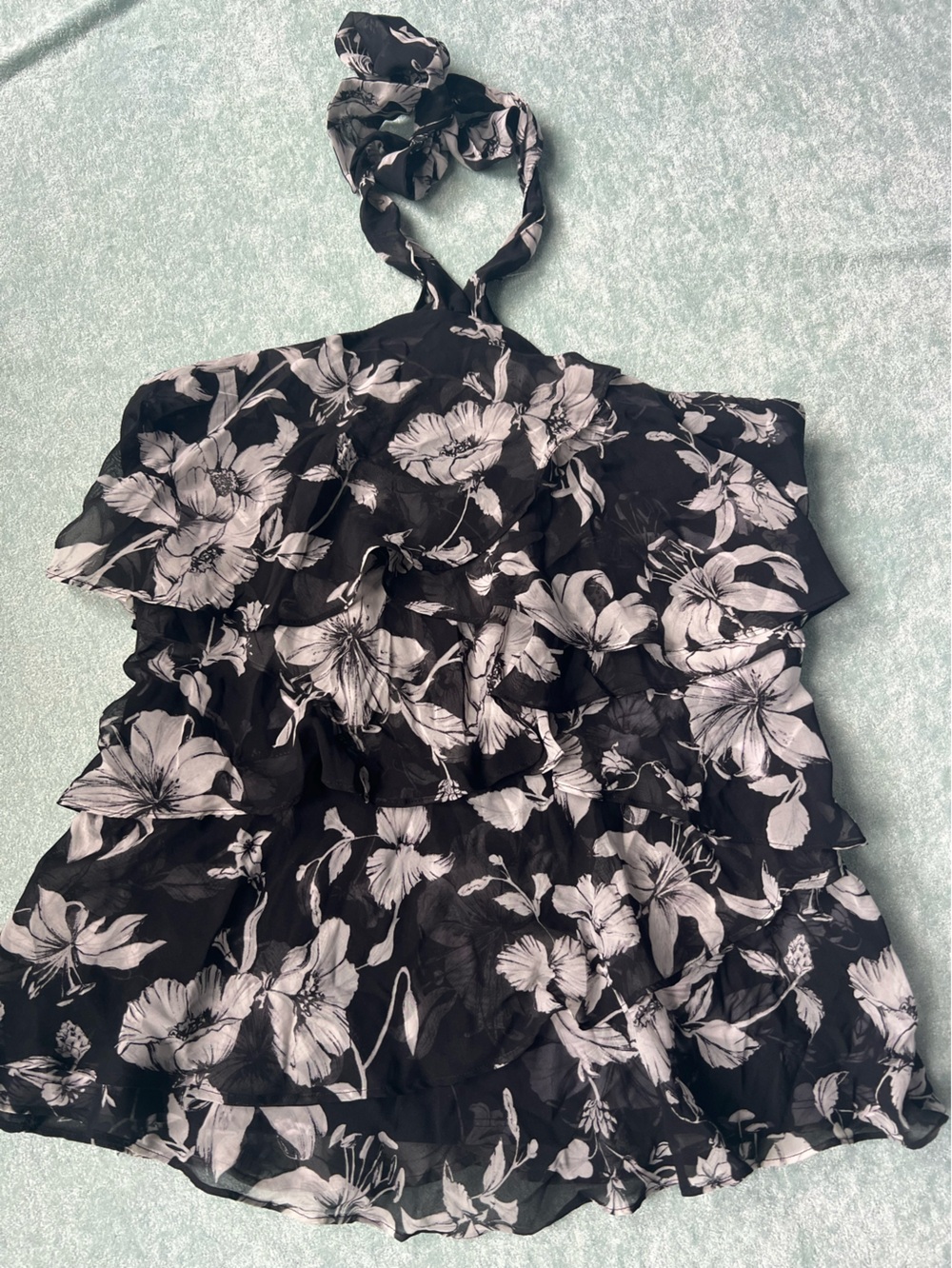 WHBM Midnight Blooms Black White Floral Tiered Chiffon Halter Top M